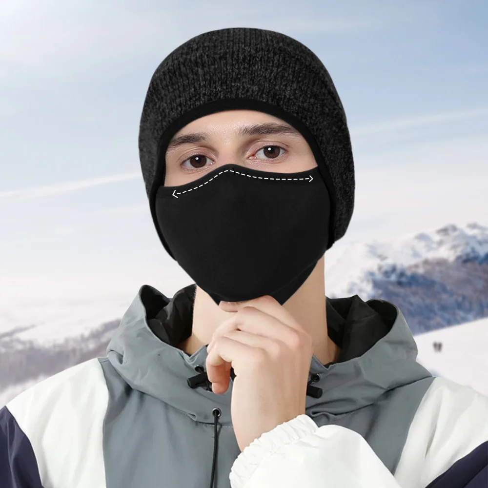Ear 2-in-1 Winter Hat Warmer Men Women Windproof Face Mask Cover Bandana Ski Running Cycling Sports Helmet Liner Caps Men Women smile
