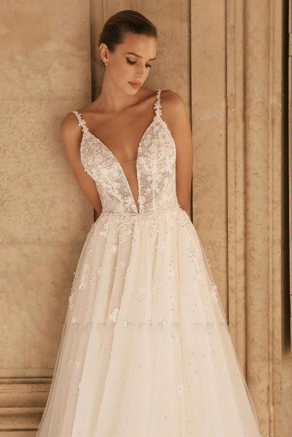 Sexy 2024 New A Line Spaghetti Straps Wedding Dresses Backless Appliques Tulle Ruffles Long Bridal Gowns Plus Size BC16587 ppliques