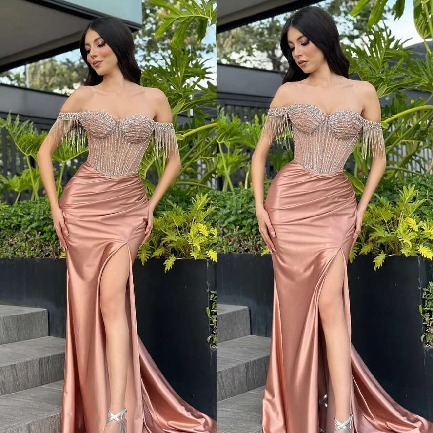 Rosy Gold Prom Dress Crystal Tassels Off Shoulder Evening Dresses Bodice Split Satin Formal Long Special Ocn Party Gown