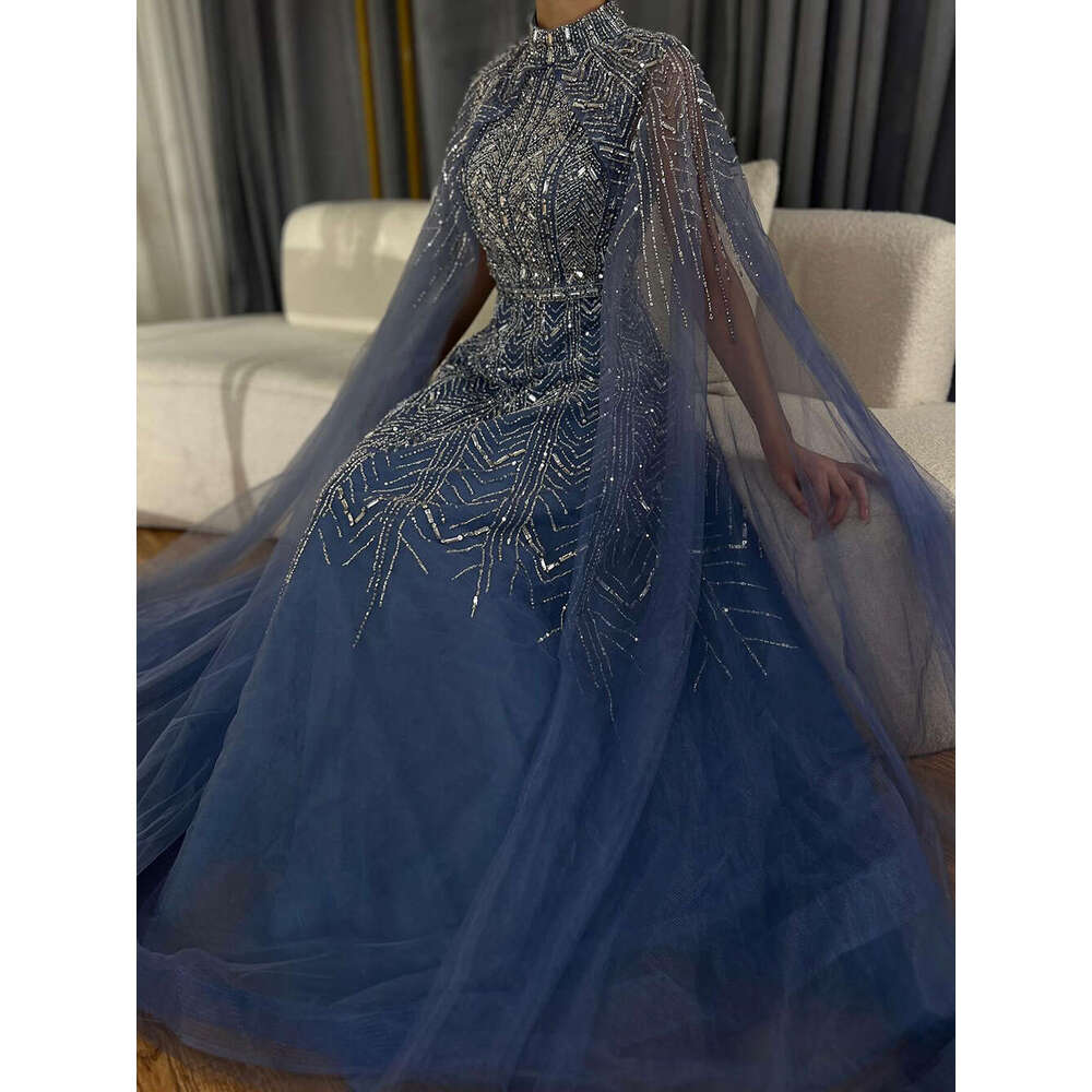 Blue Serene Hill Beaded Design A E Saudi Arabic Evening Dresses Gowns With Cape Sleeves For Ocn LA Customized Rabic Vening L 6660311