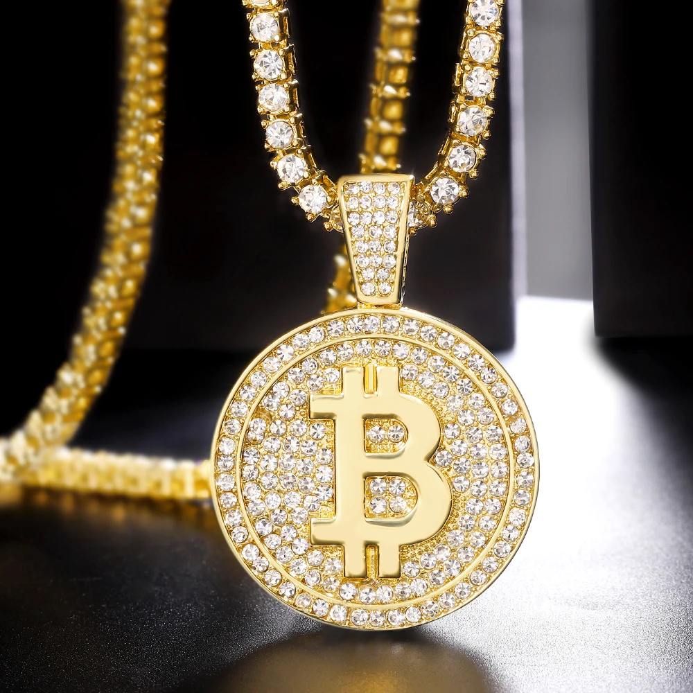 Out Bitcoin Pendant Iced Full Rhinestone Match Bling 4Mm ddmysmile Tennis Chain Necklace Choker Hip Hop Trendy Jewelry For Men And Women Smile