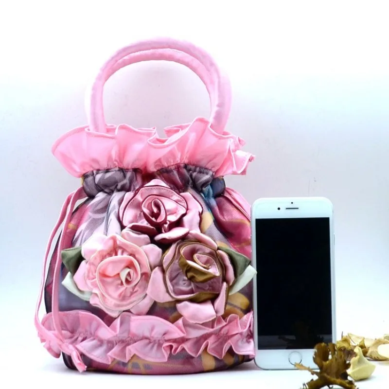 Handbag Purse Hand-Ed Coin Mobile Phone Bag ddmysmile Lace Fabric Bag Ethnic Style Handbag Drawstring Bucket Bag Flowers Smile
