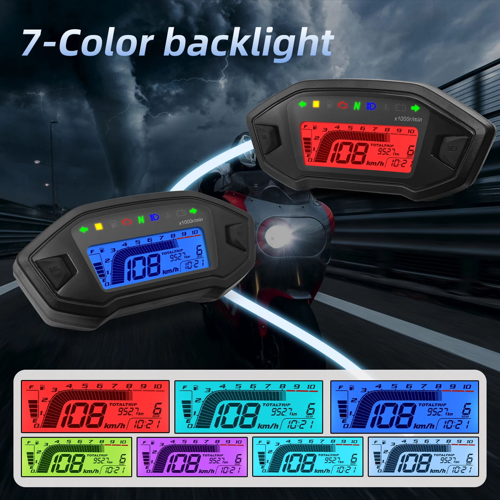 A New Universal Motorcycle LED Adjustable Speedometer 10000RPM 7 Colors Backlight Digital Odemeter Tachometer For 1,2,4 Cylinder