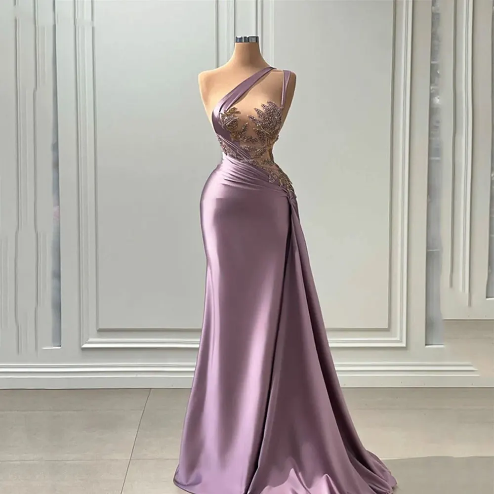 Purple One Shoulder 2025 Evening Dresses Women's Mermaid Chest Waist Seen Through Sexy Party new Gowns Beaded Pleats Satin Floor Skirts