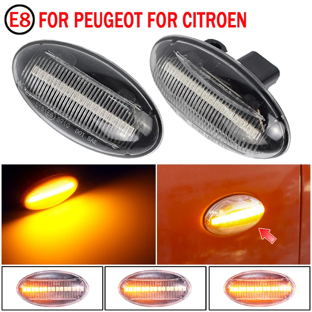 2pcs Dynamic Amber LED Flashing Turn Signal Light Side Marker Lamp For Peugeot 307 206 407 107 607 1007 4007 Citroen C1 C2 C3 C5