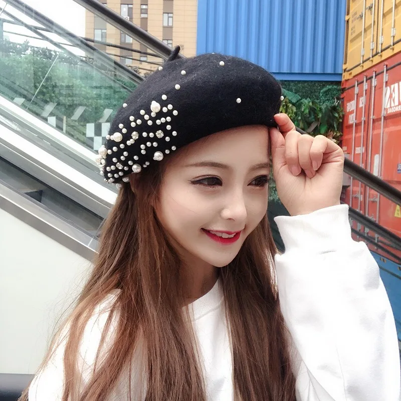 ddmysmile Pearl New Beret Women Hat Solid Color Vintage Cashmere Female Flat Hats Retro French Artist Berets Caps Autumn Winter Wool Cap Smile