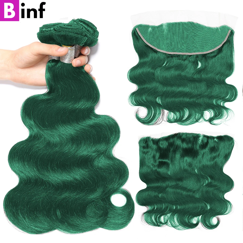 Colored Body Wave Green Bundles With Closure 5x5 13x4 HD Lace Closure Frontal with Bundles Remy 3/4 Bundles With Closure smile