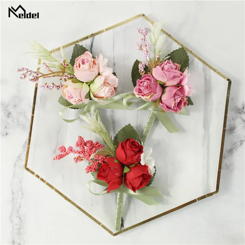 Silk Roses Groom Boutonniere Flowers Wedding Bridesmaids Wristbands Prom Party Man Suit Buttonhole Decor Sister Wrist Bracelets smile