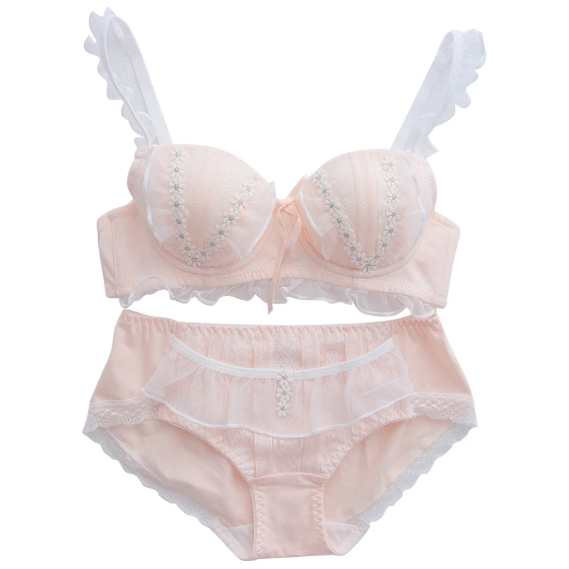 White 1set Japanese Pink/ Style Flower Pattern Girls Sweet Underwear Student Kawaii Bra Underpant Suit Girl Gift smile Pink/