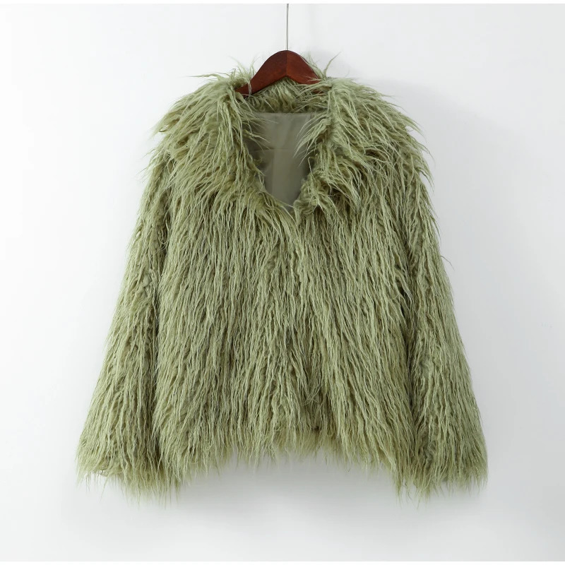 Chic Green Oversized Plush Womens Fur Coat Elegant Soft Warm Long Sleeves Loose Jackets Winter Ladies Chic Streetwear 241108