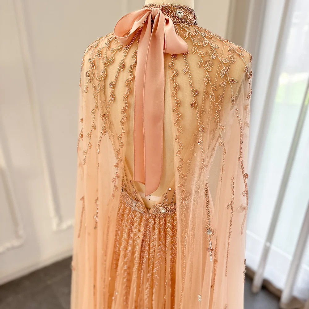 Sharon Said Luxury Dubai Champagne Evening Dresses with Cape Sleeves Elegant Arabic Formal Dress Women Party Gowns