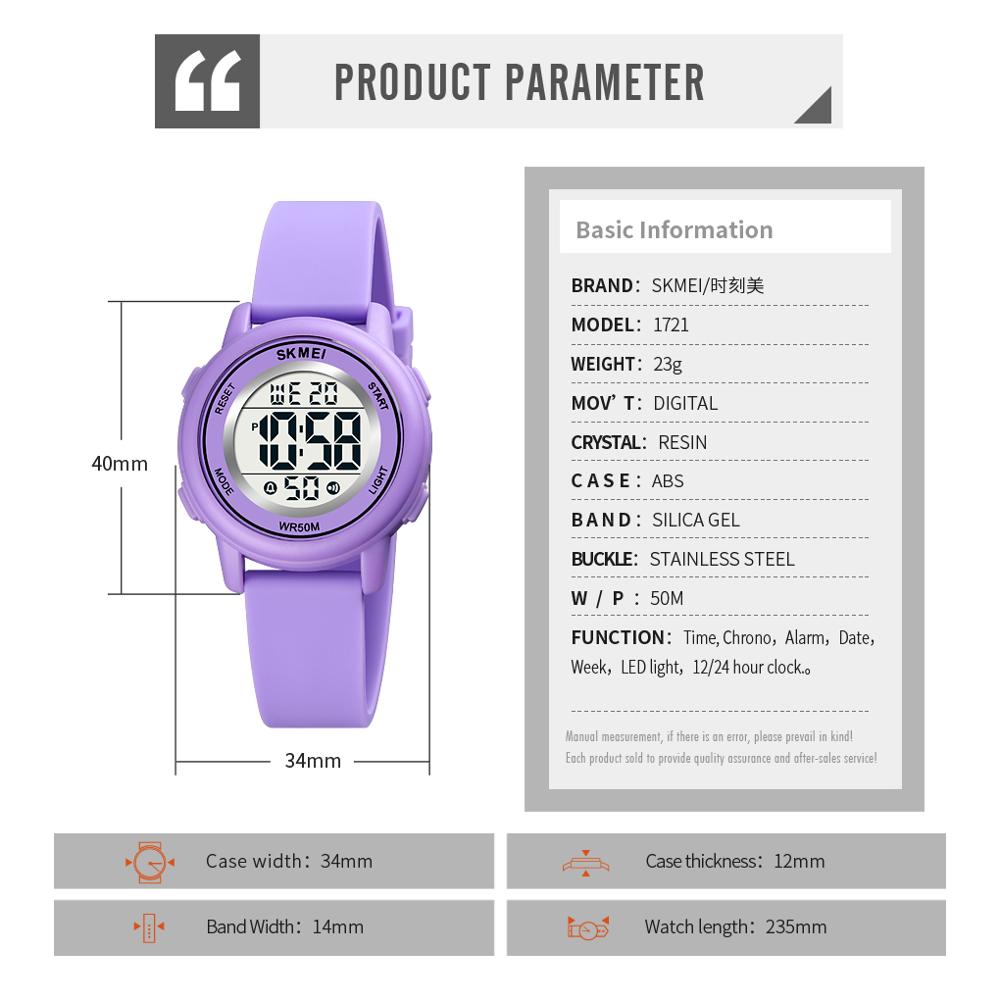 SKMEI 1721 LED 2025 Light new Digital Children Sport Watches Stopwatch Calendar Clock 5Bar Waterproof Kids Wristwatch For Boys Girls Gift