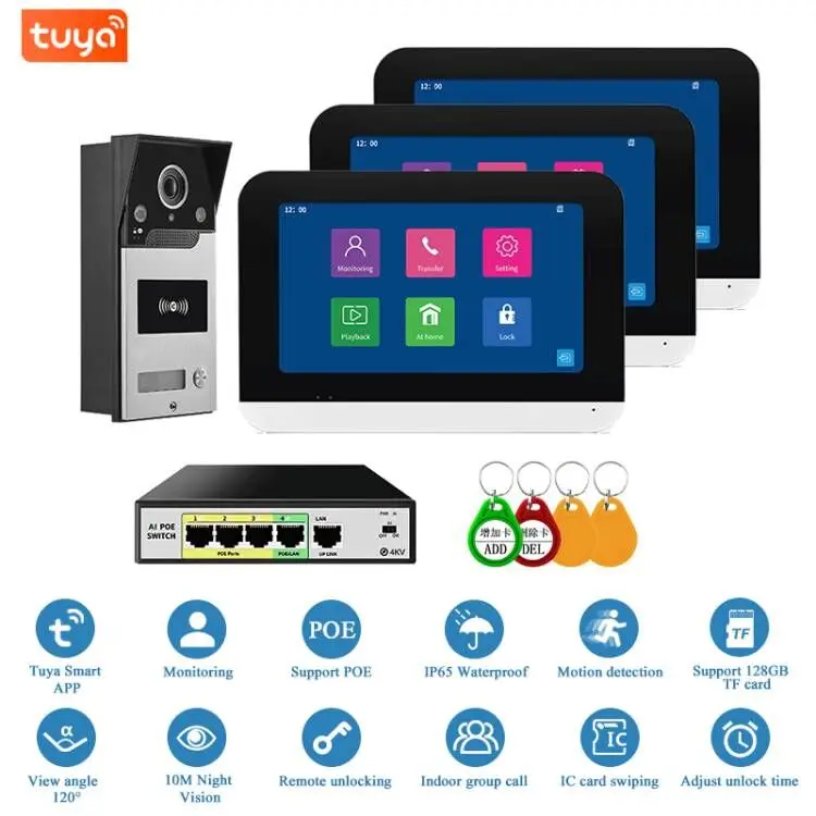 SmartYIBA 7 Inch HD IP Video Doorbell WIFI Monitor With POE Switch Tuya Visual Interphone APP/RFID Unlock WIFI Video Door Phone