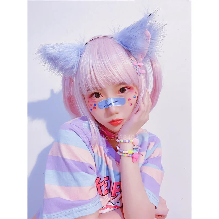 Japanese Kawaii Fur Lolita Kawaii Girls Carnival Cosplay Costume Women Girls Fur Long Rabbit Ear Feed Cats Cat Soft Ear Headgear smile
