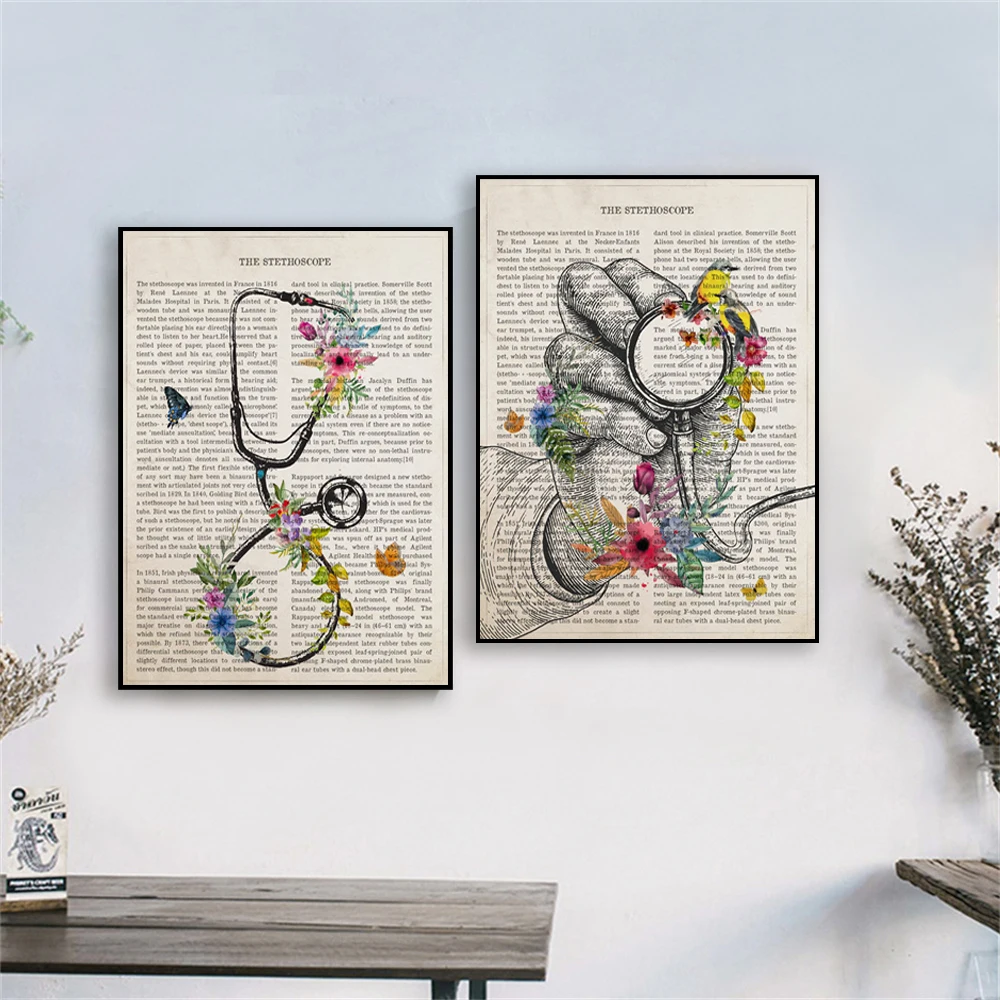 Poster with Modern Stethoscope Flowers Print Medical Wall Picture Canvas Painting Nurse Doctor Gift Hospital Clinic Office Decor smile