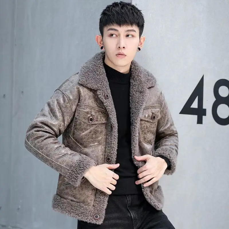 Mens autumn and winter solid color casual jacket mens short sleeved leather coat mens long sleeved warm jacket L56 241108