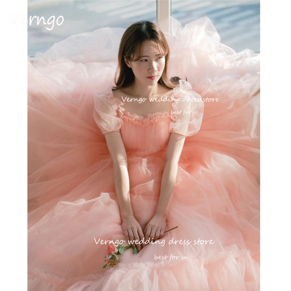 Fairy Tulle 2023 Verngo Blush Pink Tulle Prom Dresses Korea Lady Short Sleeves Floor Length Simple Evening Gowns Party Dress smile