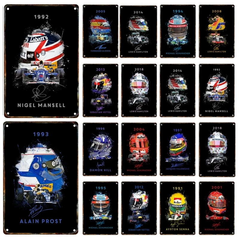 Formula 1 Racing Helmets Metal Poster Decorative Sign Tin Painting Plaque Home Garage Club Man Cave Wall Art Decor Gift
