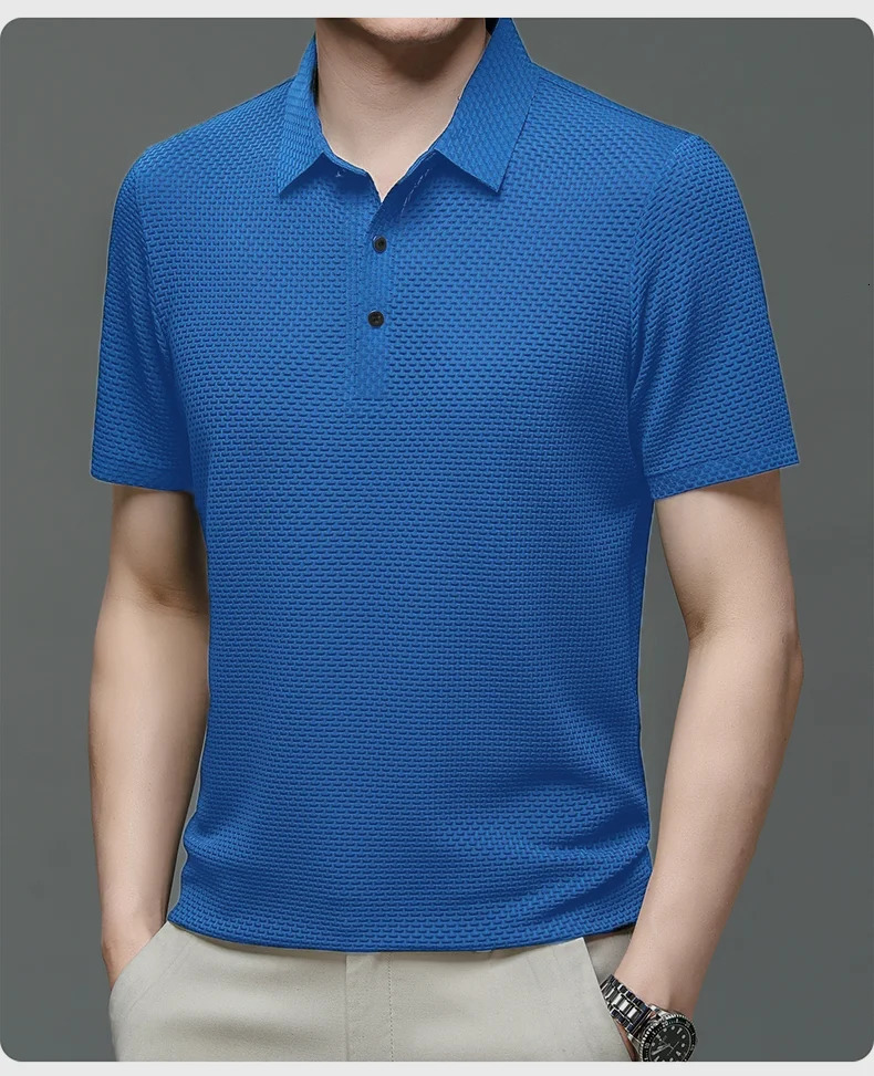 Mens breathable monochrome stretch ice silk Polo shirt mens button lapel casual high quality T-shirt Summer fashion trend 240407