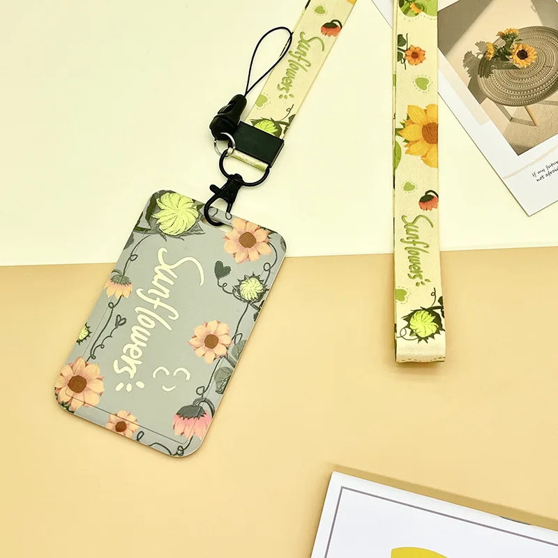 Simple Women Girl Flowers Credit Card ID Bus Card Holder Bags with Lanyard Student Identity Badge Card Cover with Neck Strap Bag smile