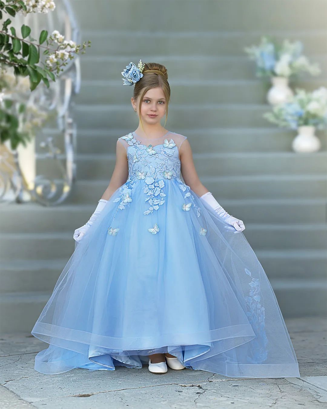 Baby Blue Flower Girls Dresses Butterflies Appliques Girl Pageant Gowns Toddler First Communion Dress Floor Length Kids Formal Wear 0616