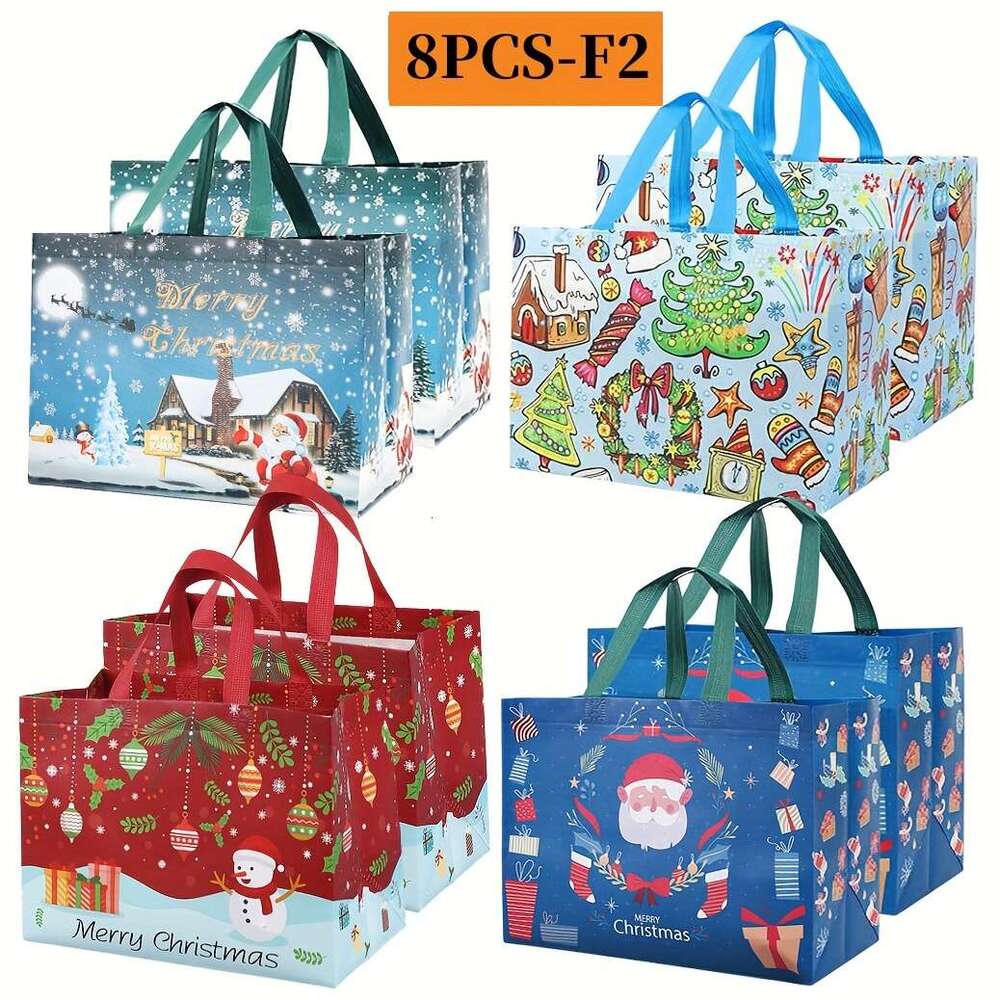 Christmas 8pcs Christmas Gift with Handles Durable Non-Woven Tote Bags Holiday Presents, Reusable Stain-Resistant, Perfect for Gifts, Candy, Party Fav