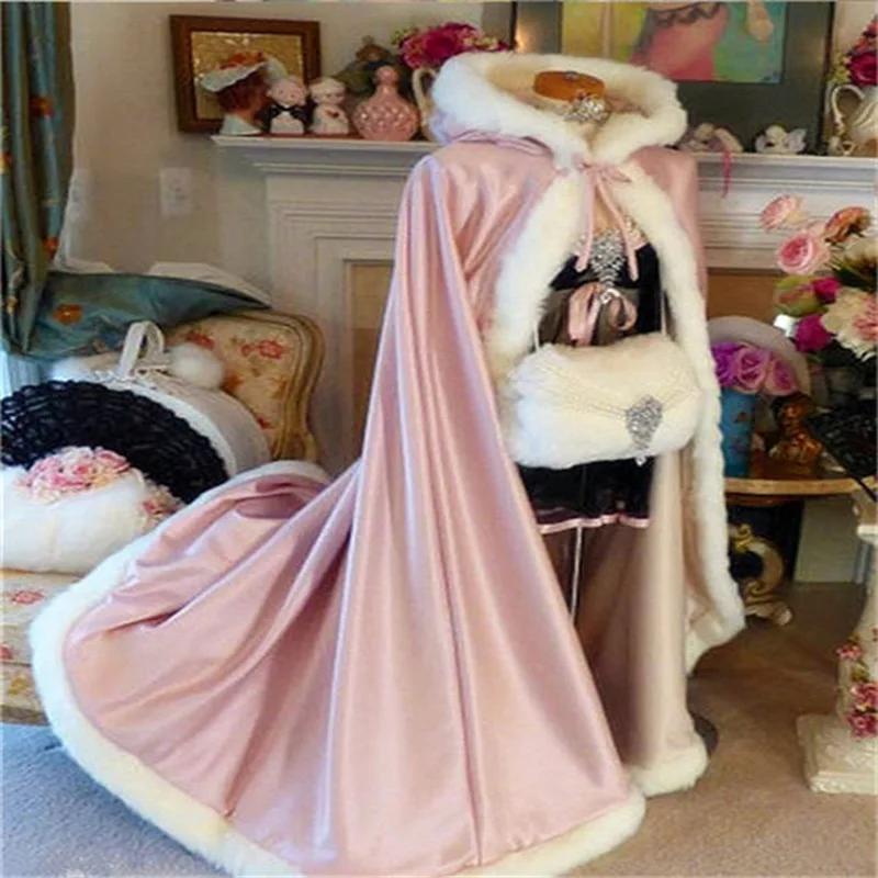 Cloak Fur Trim Satin Cape Shawl Winter Fur Coat Wraps Jackets With Hat Wraps Warm Newest ddmysmile Long Wedding Cloak Capes Smile