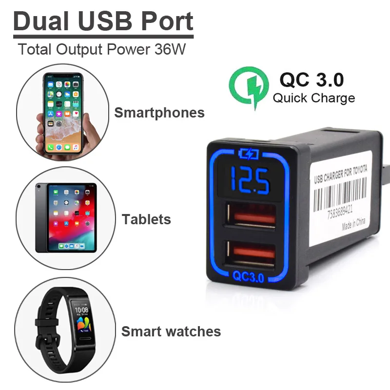 QC3.0 Car USB Port Fast Charger For TOYOTA Camry Land Cruiser 200 RAV4 Corolla Smartphone Quick Charging Adapter LED Accessories