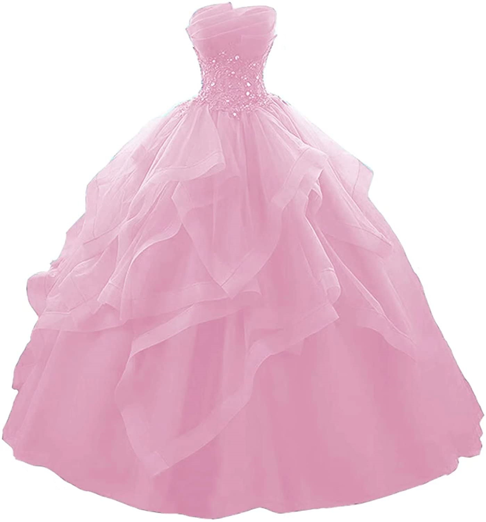 Ball Gown Princess Quinceanera Dresses Sequins Crystal Appliques Plus Size Tulle Lace-up Strapless Sweet 16 Princess Party Birthday Vestidos De 15 Ano