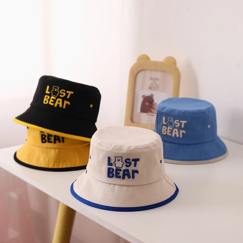 Reversible Bucket Hat Baby Cute Bear Embroidered Children Boys Girls Fisherman Cap Spring Summer Outdoor Kids Beach Sun Hats smile