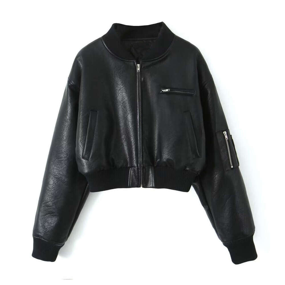 shanshi leather jacket women American Zipper Jacket for Women 2024 Winter New Collection with Cotton Warmth, Loose Long Sleeve PU Leather Coat, Trendy