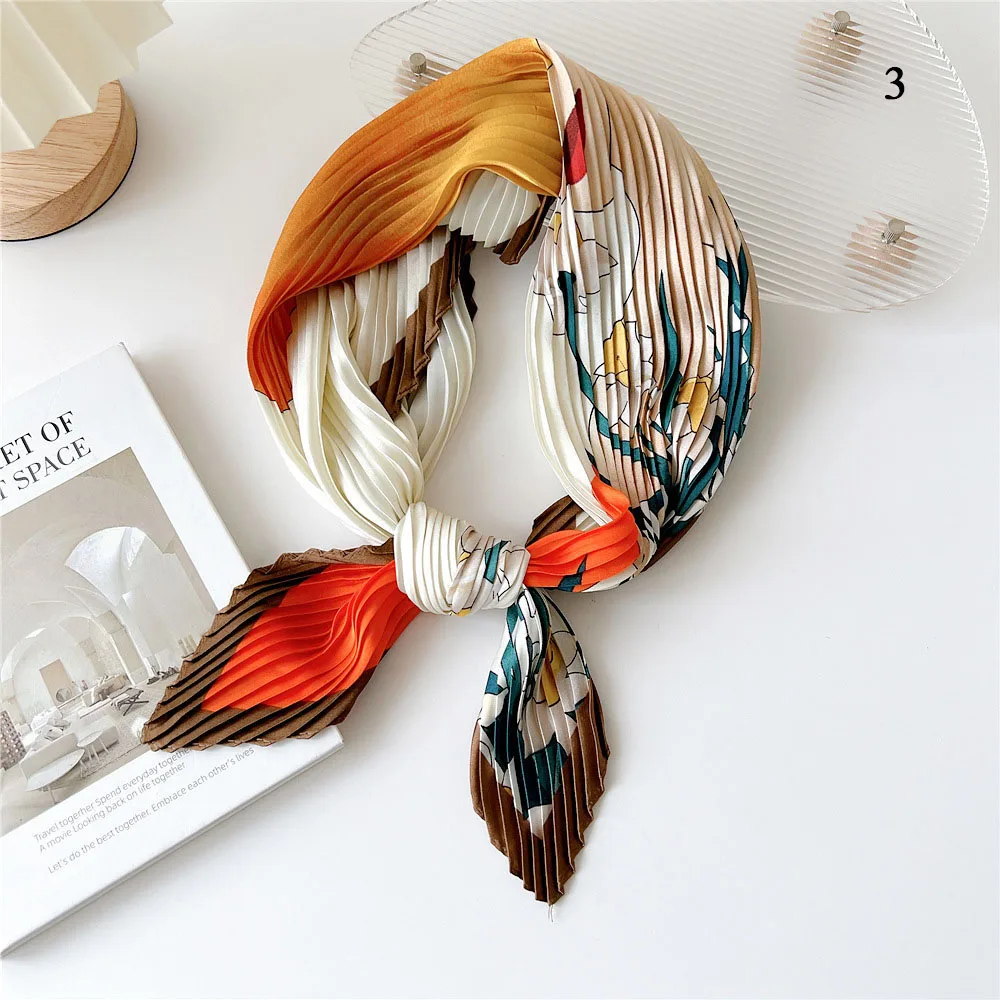 Square Floral Silk Crinkle Hair Bands Scarf Women Luxury Headband Scarves Bandana Foulard Office Ladies Shawl Accessories 2023