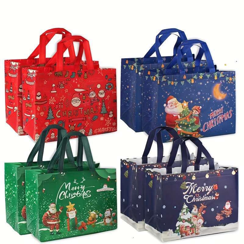 Christmas 8pcs Reusable Fabric Christmas Tote Shopping Bags, Non-woven Gift Bags