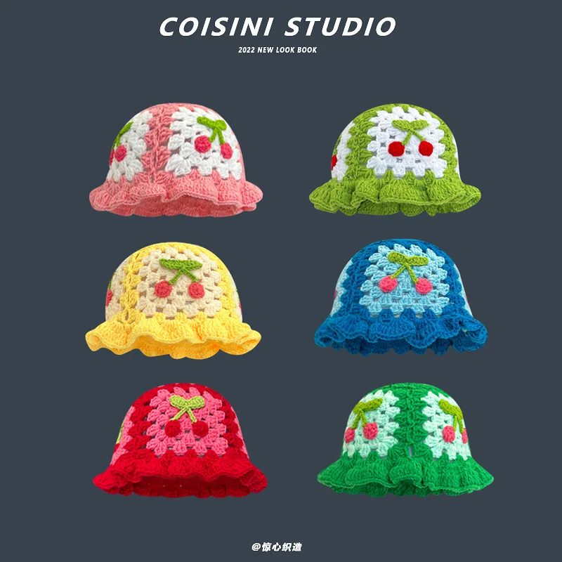 Hand 2022 New Korean-Japanese Buckle Crochet Bucket Hat Spring and Autumn Winter Sun Hat Female Cherry Designer Bob Basin Hat smile