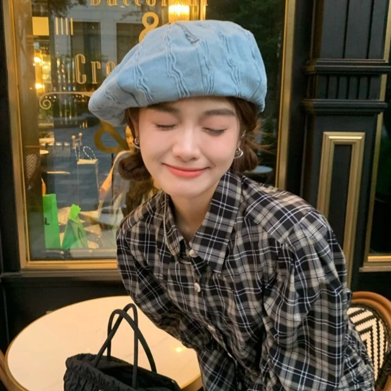 Niche Y2k Pleated Women's Denim Beret Big Head Circumference Japanese Painter Cloud Hat ddmysmile Washed Denim Berets Smile