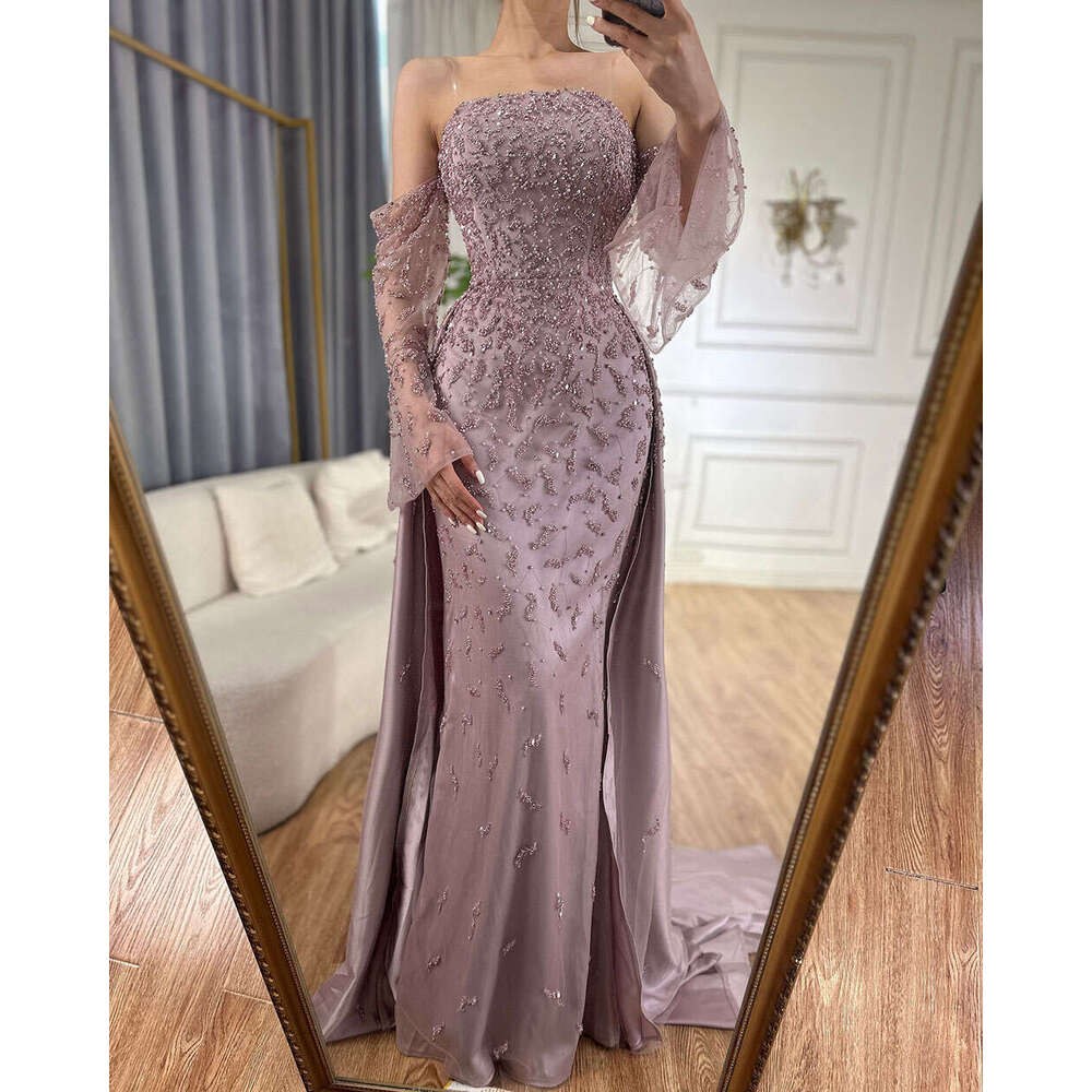 Customized Serene Hill Arabic Strapless Blue Beaded Pearls Dubai Evening Gown For Formal Ocn LA Mal