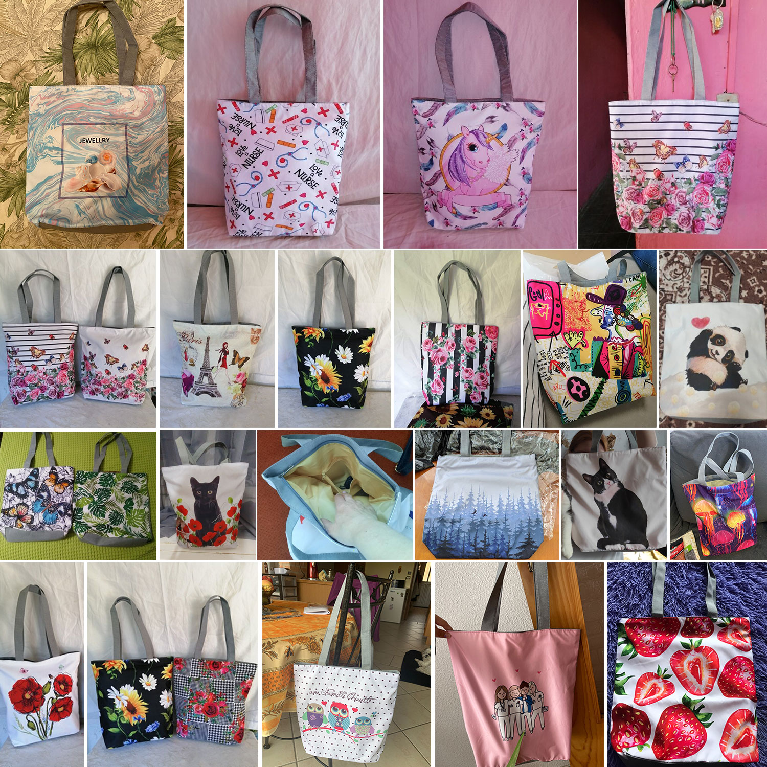 Pretty Cartoon Cat Print Handbags High Capacity Women Beach Tote Bags Cute Animal Graphic Eco Reusable Shopping Bags Portable