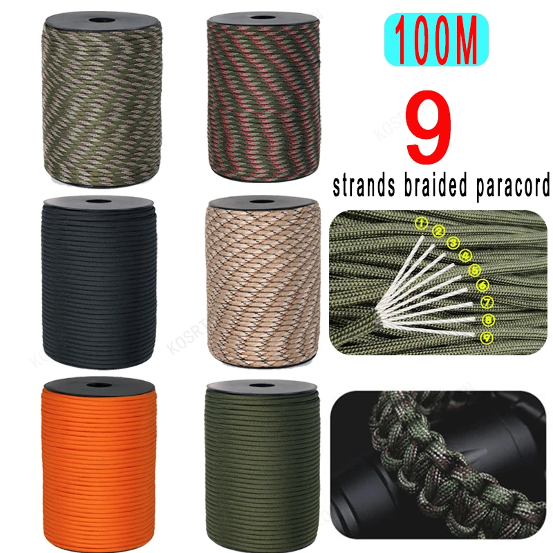 550 Standard 100M Military 9-Core ddmysmile Paracord Rope 4Mm Outdoor Parachute Cord Survival Umbrella Tent Lanyard Strap Clothesline Smile