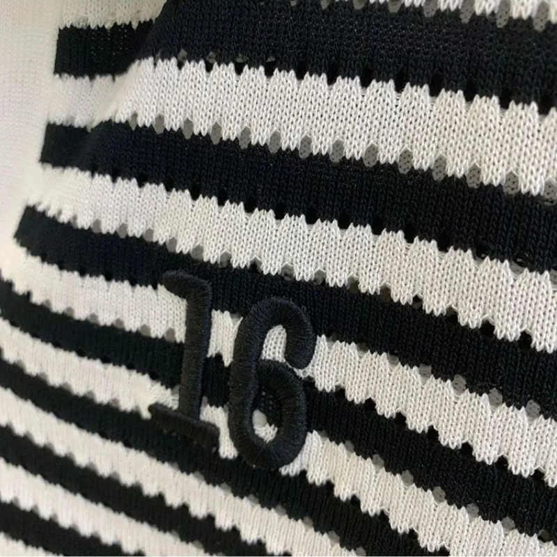 Women's T-Shirt Women Short Slve Striped Polo Shirts Summer T-shirt Hollow Out Contrast Colors Patchwork Korean Fashion Casual Versatile Tops 240