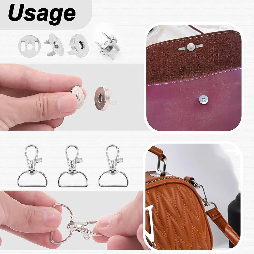18/15PCS Purse Hardware Buckles Sets Bag Making Assortment Kit Includes Swivel D Ring Hooks Clasps Slide Buckles Snap Button
