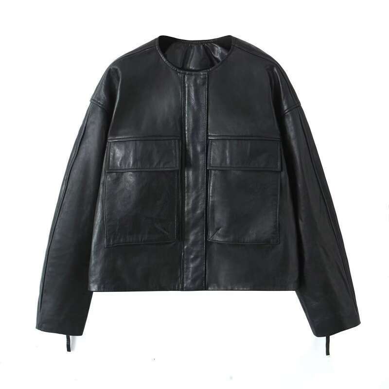 shanshi leather jacket women Autumn New Women's Fashion Round Neck Leather Pocket Jacket Coat