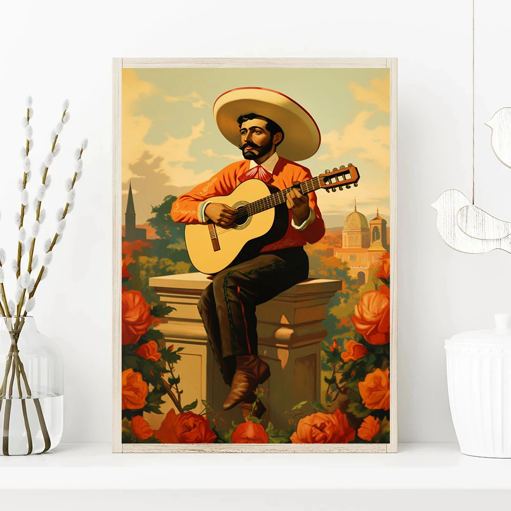 Woman Flower Mexican with Man Play Guitar Playing Saxophone Poster Cute Cat Canvas Painting for Living Room Home Decor Cuadros smile