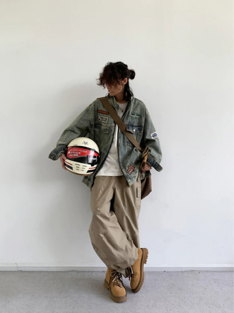 Retro Set Hop Hip Men Women High Street Embroidered Denim Jackets+Autumn Wide-leg Loose Cargo Pants Distressed Casual Two-piece smile Jackets+Autumn