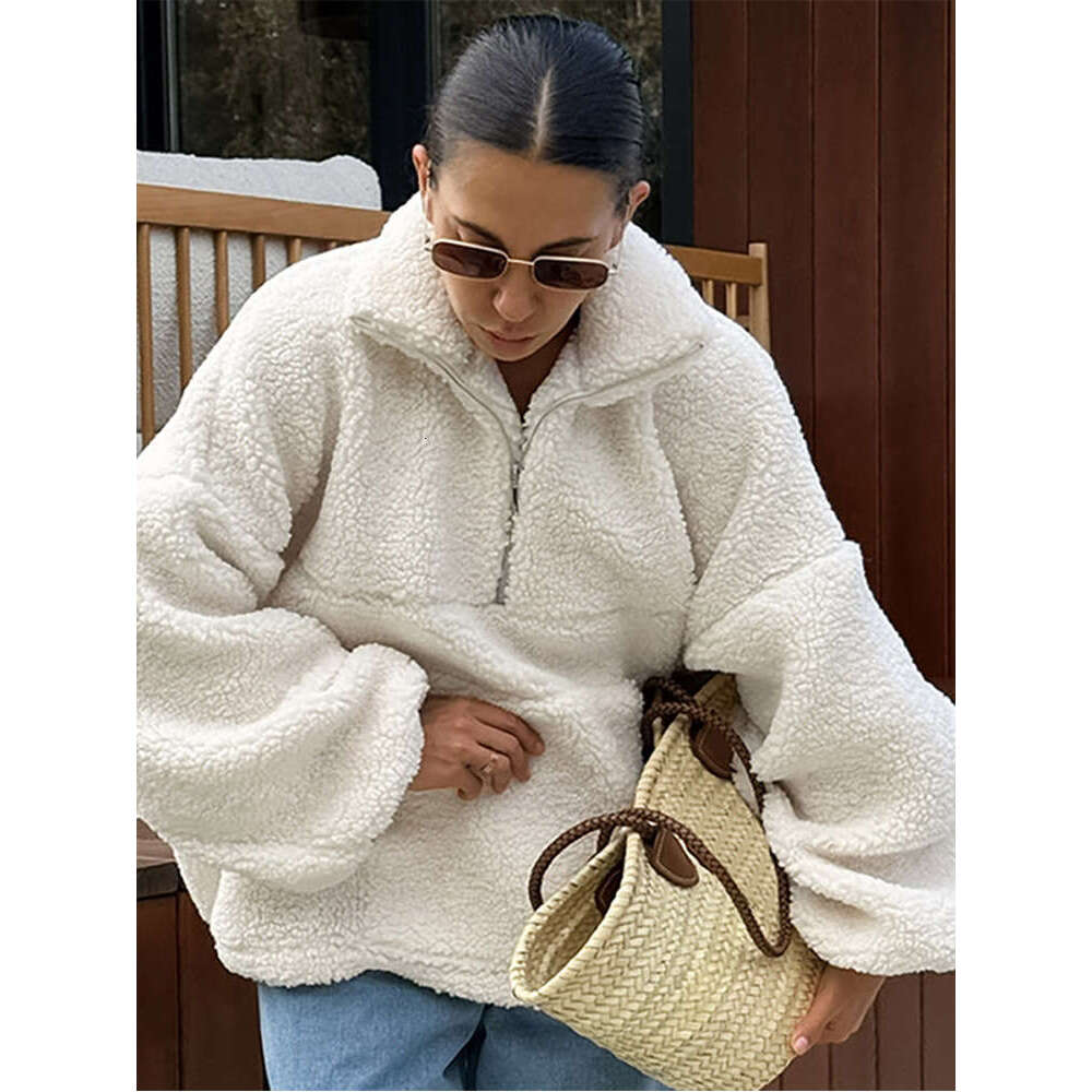 Elegant White Fleece Sweatshirt For Women Oversized Zippers Long Sleeve Pullover 2024 Autumn New Lady Casual Street Outwear