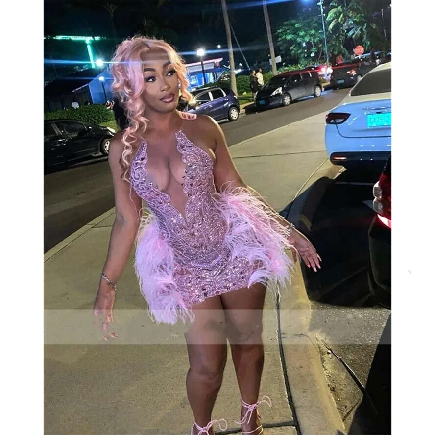 Sparkly Pink Mermaid Short Prom Dress Glitter Bead Crystals Rhies Feathers Tail Birthday Party Gown Robe De Bal