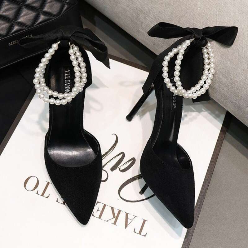 Black Women's Pumps 2025 Summer New Brand Design String Bead Pearls Wedding Bridal High Heels Sexy Pointed Toe Party Dance Shoes