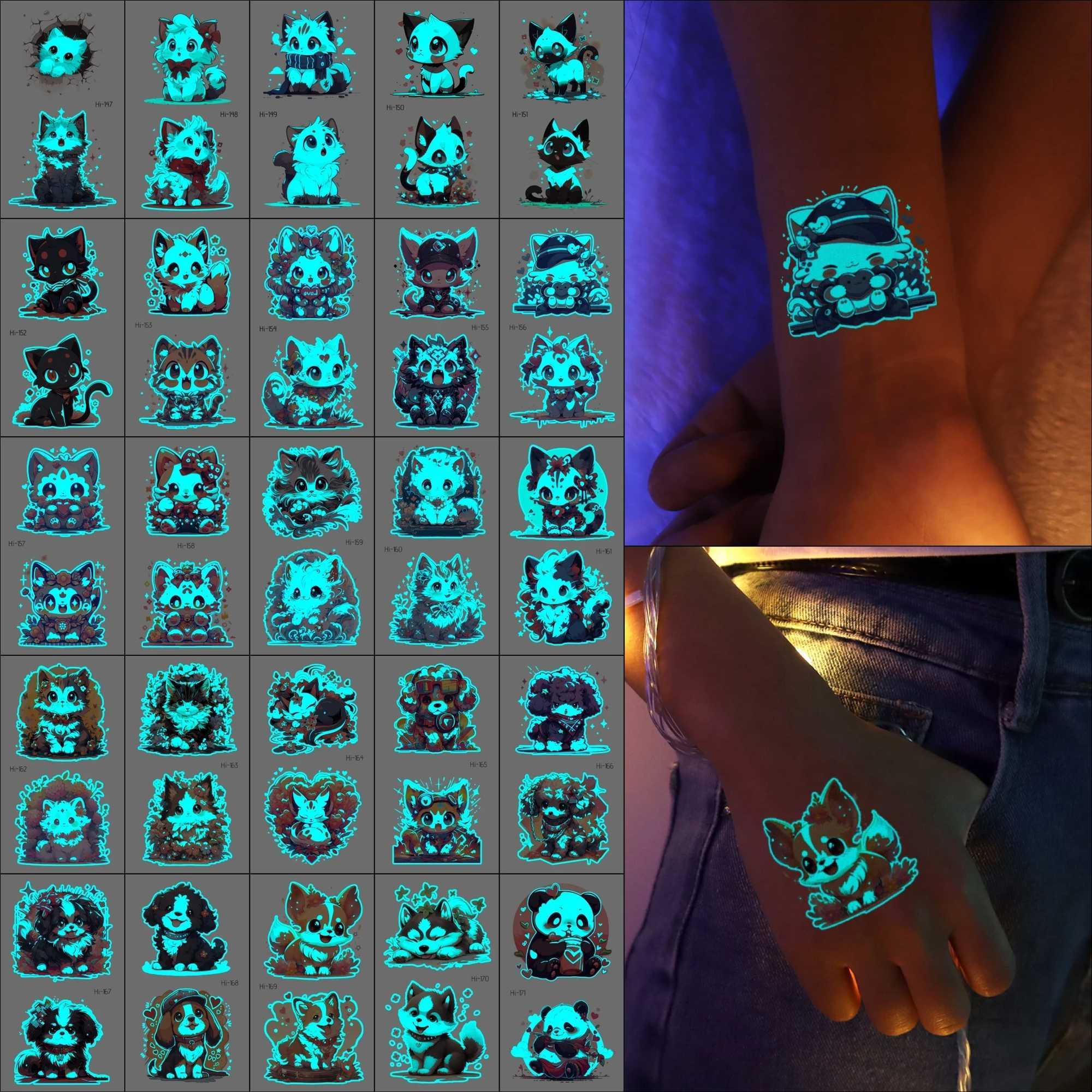25 blue glowing tattoo stickers cartoon cute cats dogs pandas foxes pets temporary tattoos watercolor fake tattoos W241109