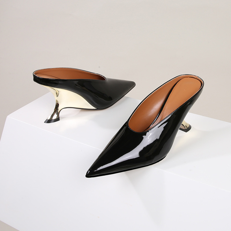 surface patent leather women's shoes, new high sloping heels, slippers, fashionable