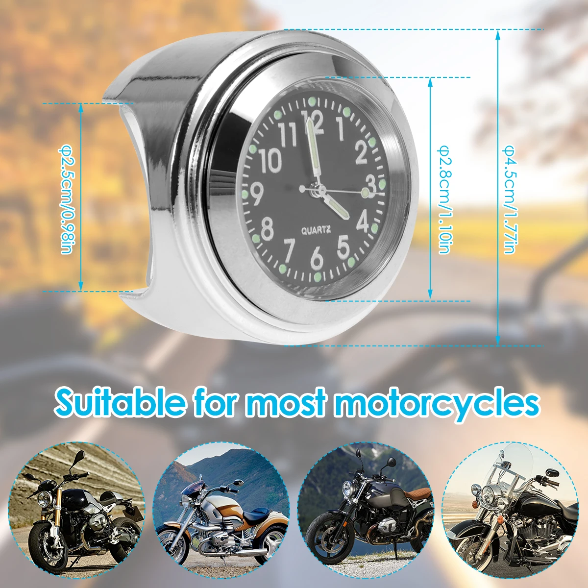Motorcycle Handlebar Watch Waterproof Chrome Bike Handlebar Mount Quartz Clock Watch Aluminum Luminous Clock Moto Accessories