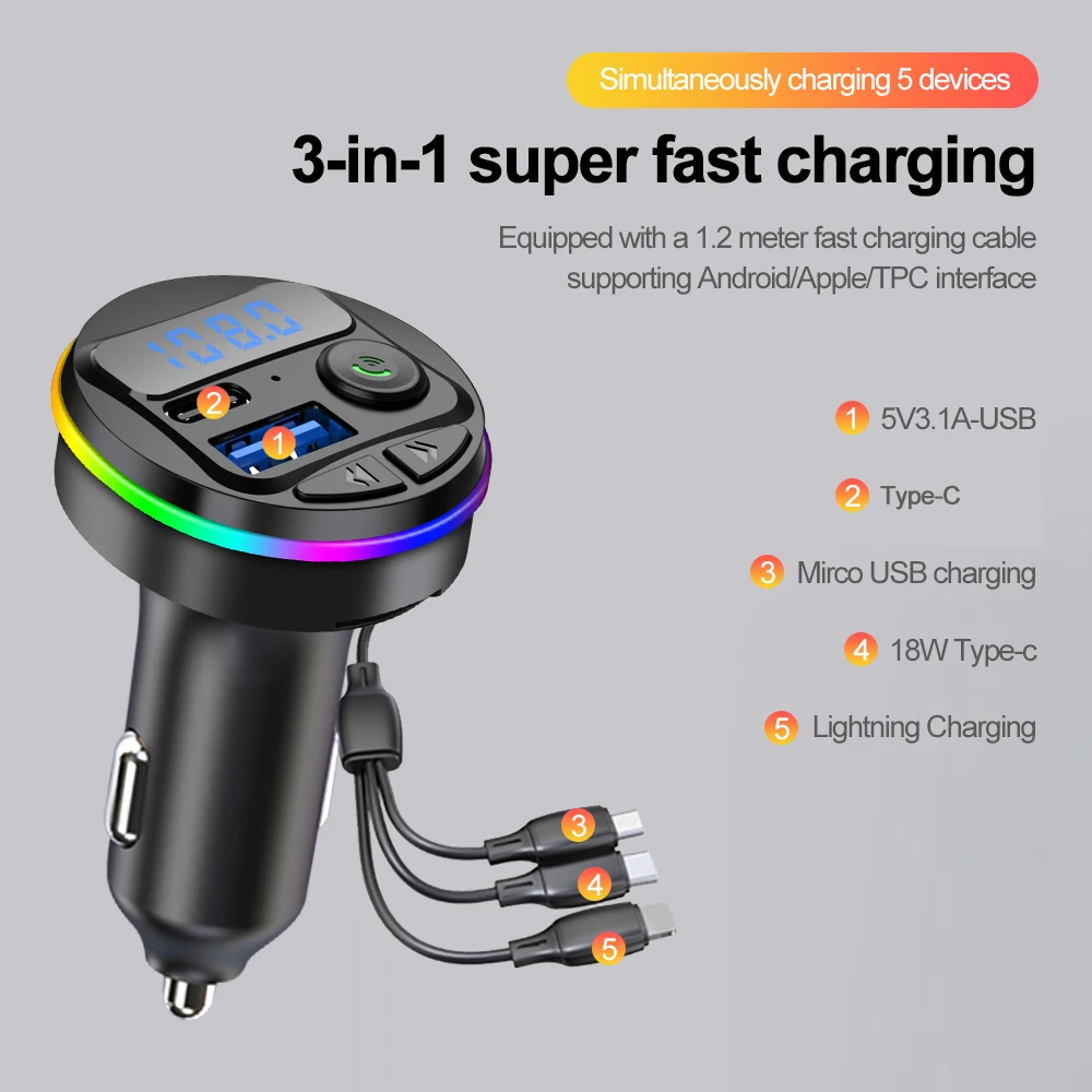 5.0 FM Transmitter Bluetooth Car Kit MP3 Modulator Player Handsfree Audio Receiver With 3 in 1 Charge Cable for IPhone Huawei smile